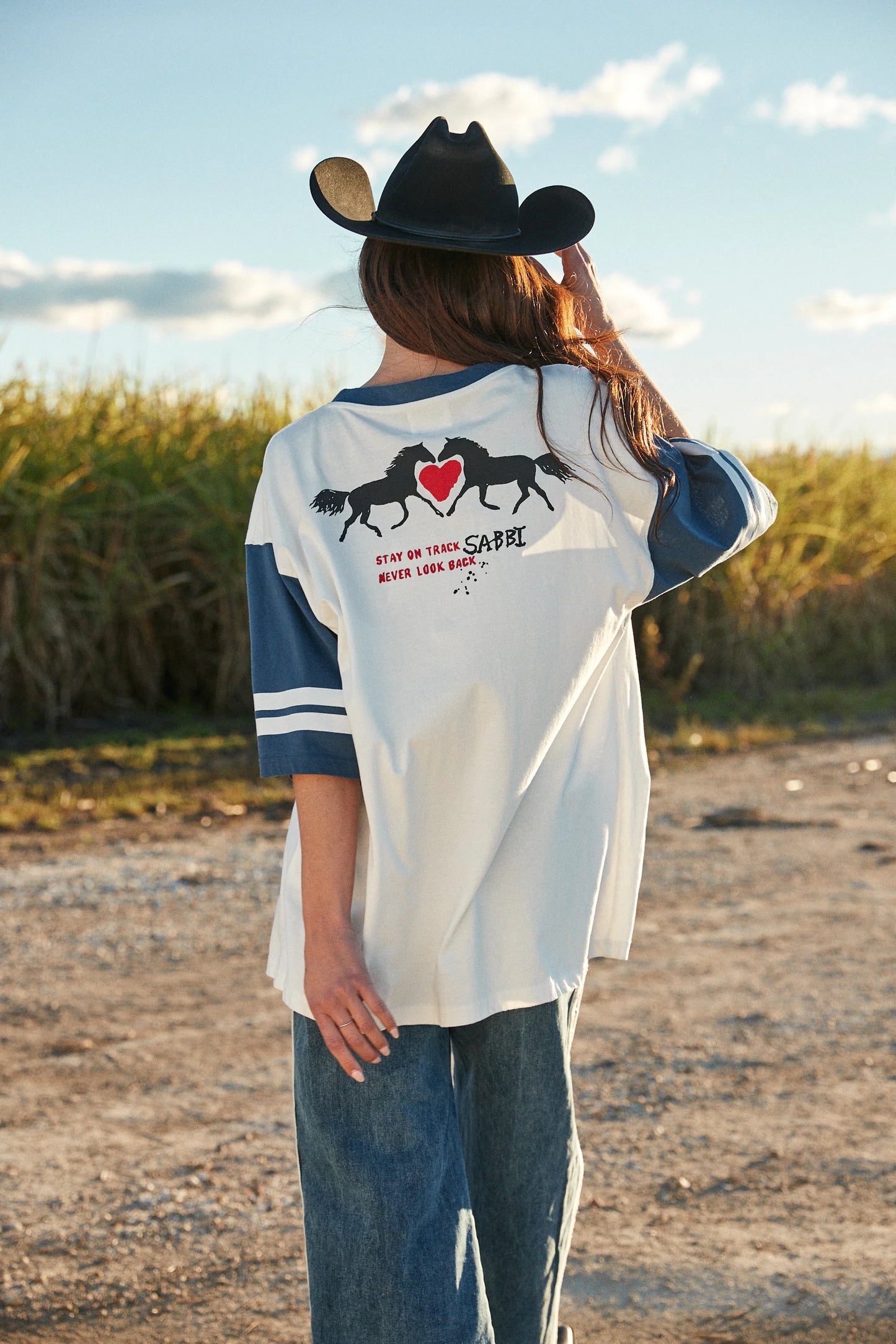 The Very Oversized I Love Country Music V Neck Tee - Marshmallow / Blue