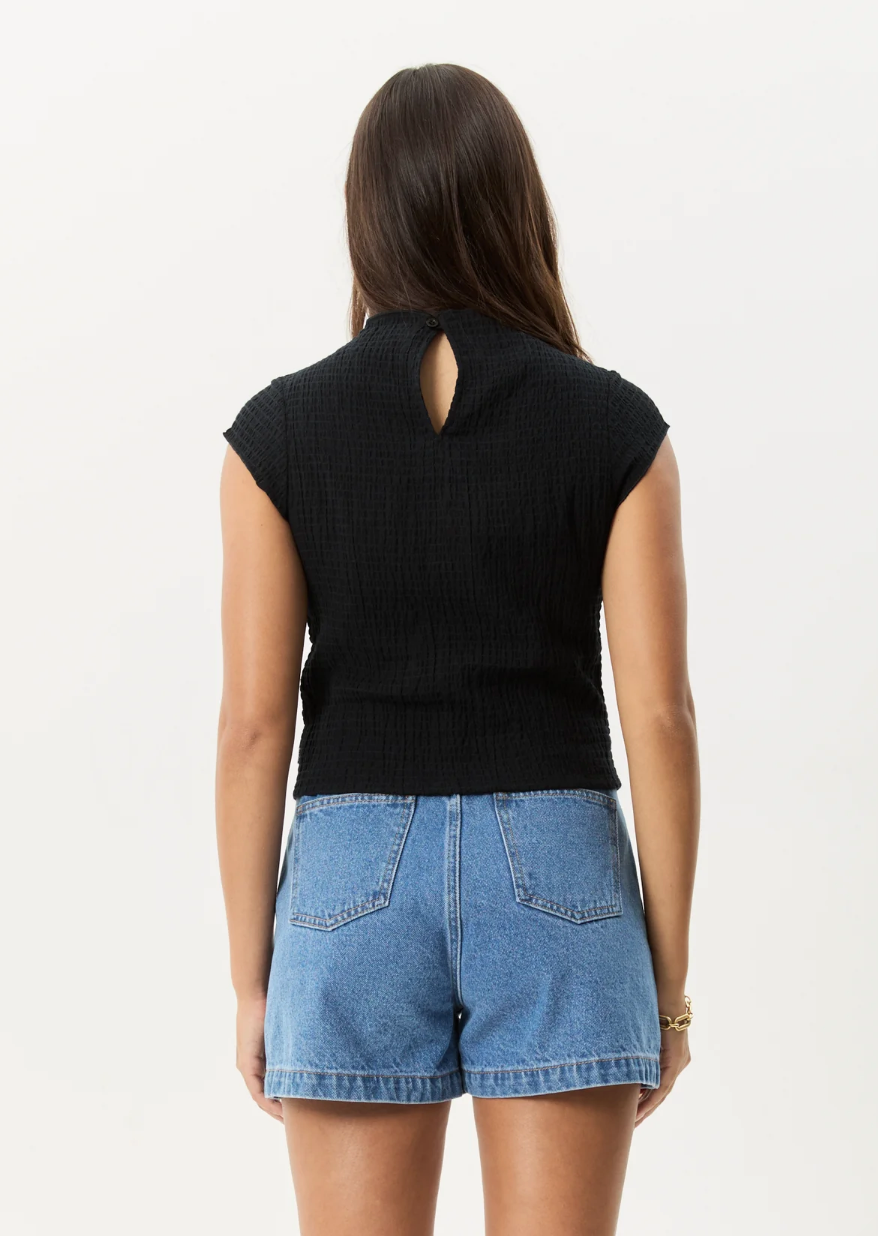 Focus - Seersucker Mock Neck Top - Black
