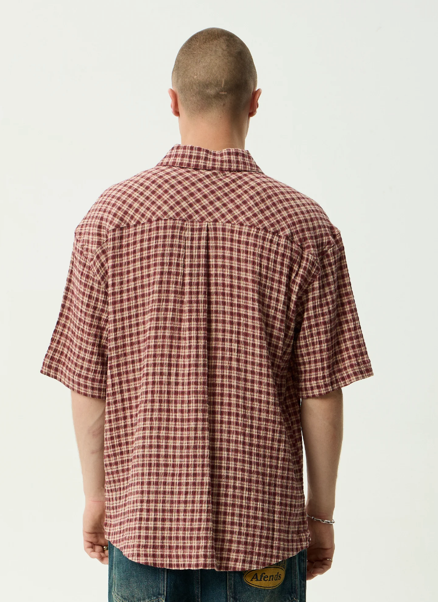 Capricorn - Seersucker Short Sleeve Shirt - Burgundy / Beige Check