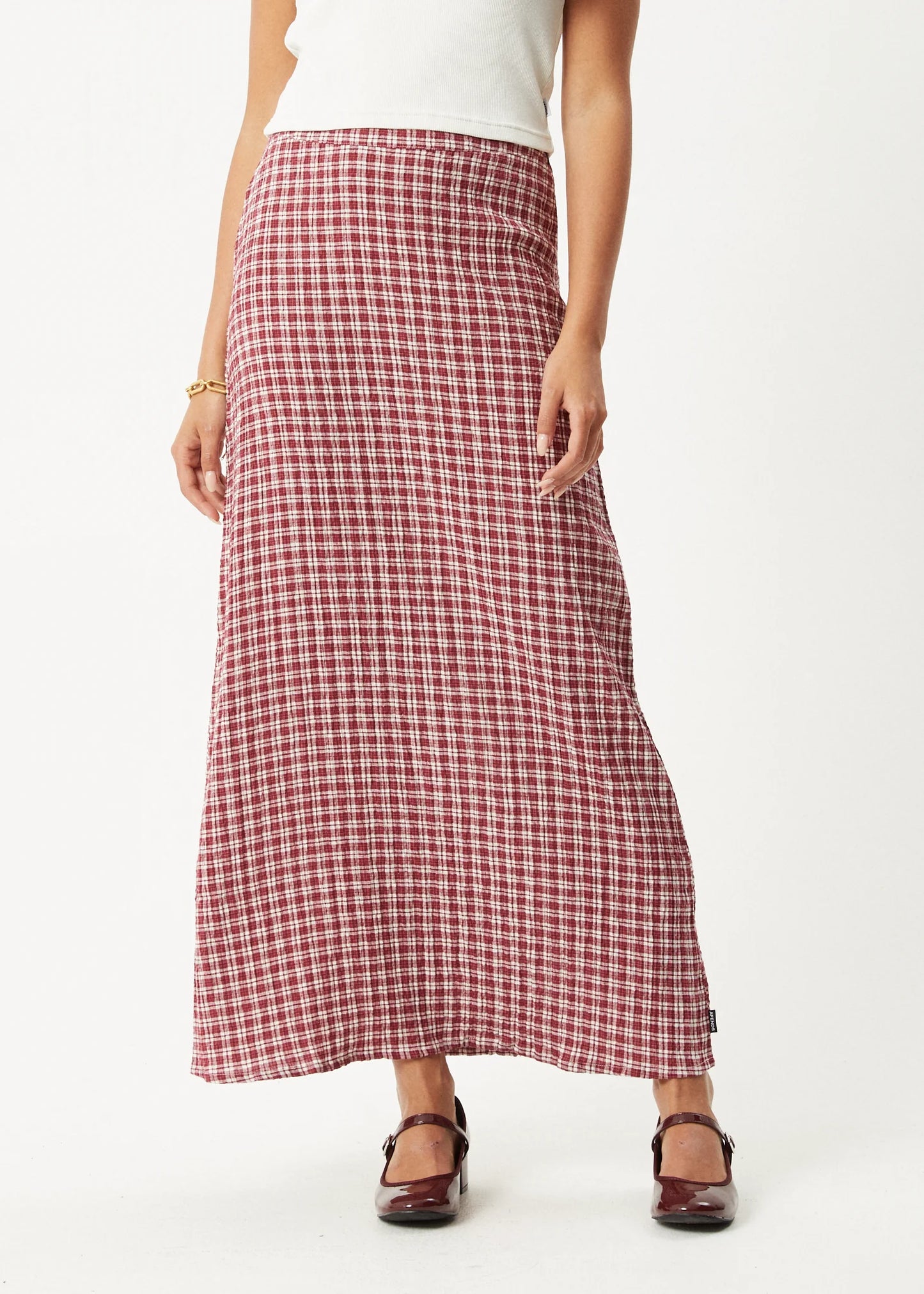 Base Seersucker Maxi Skirt - Burgundy Check