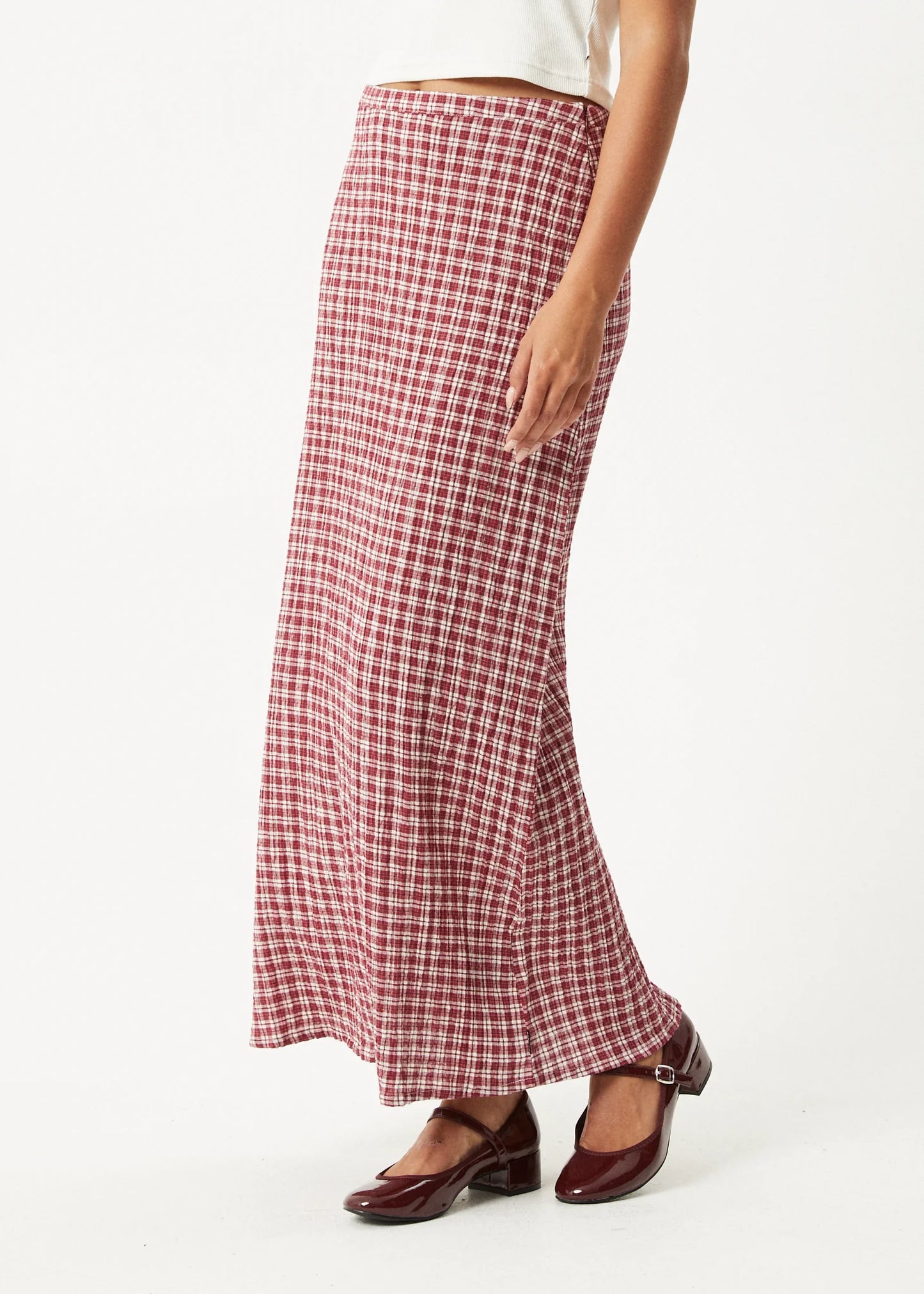 Base Seersucker Maxi Skirt - Burgundy Check