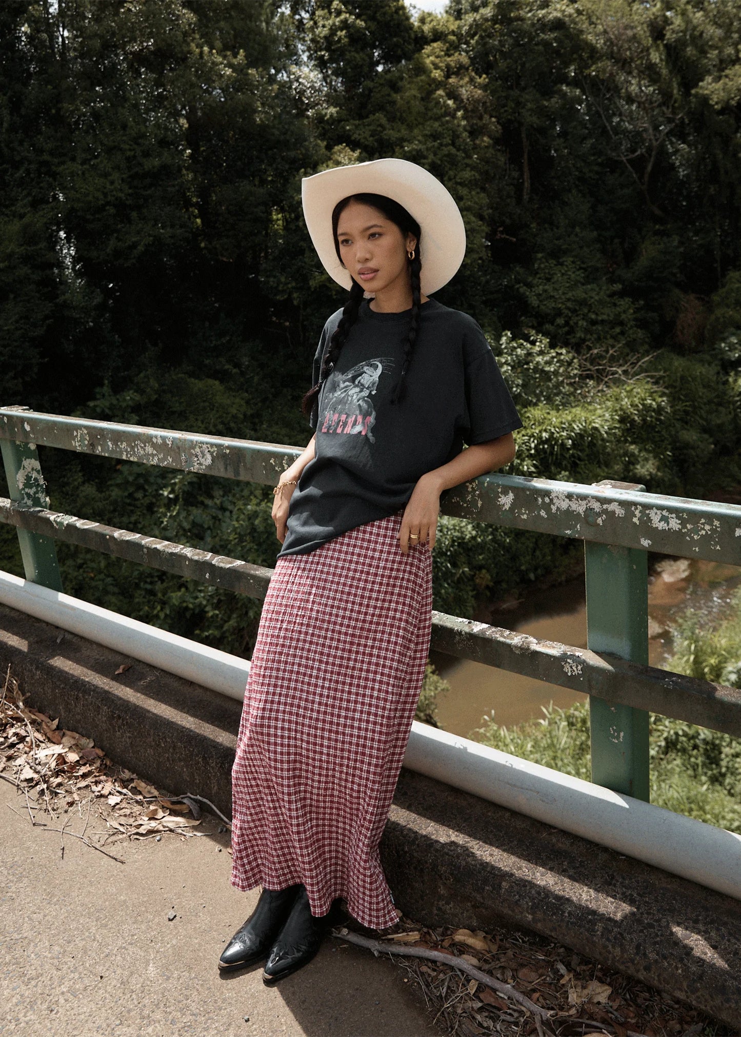 Base Seersucker Maxi Skirt - Burgundy Check