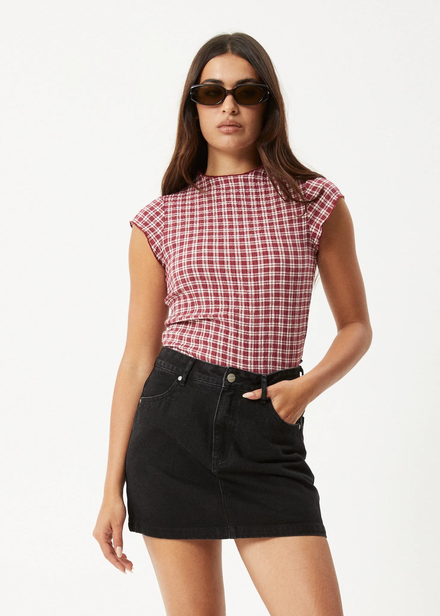 Base Seersucker Top - Burgundy Check