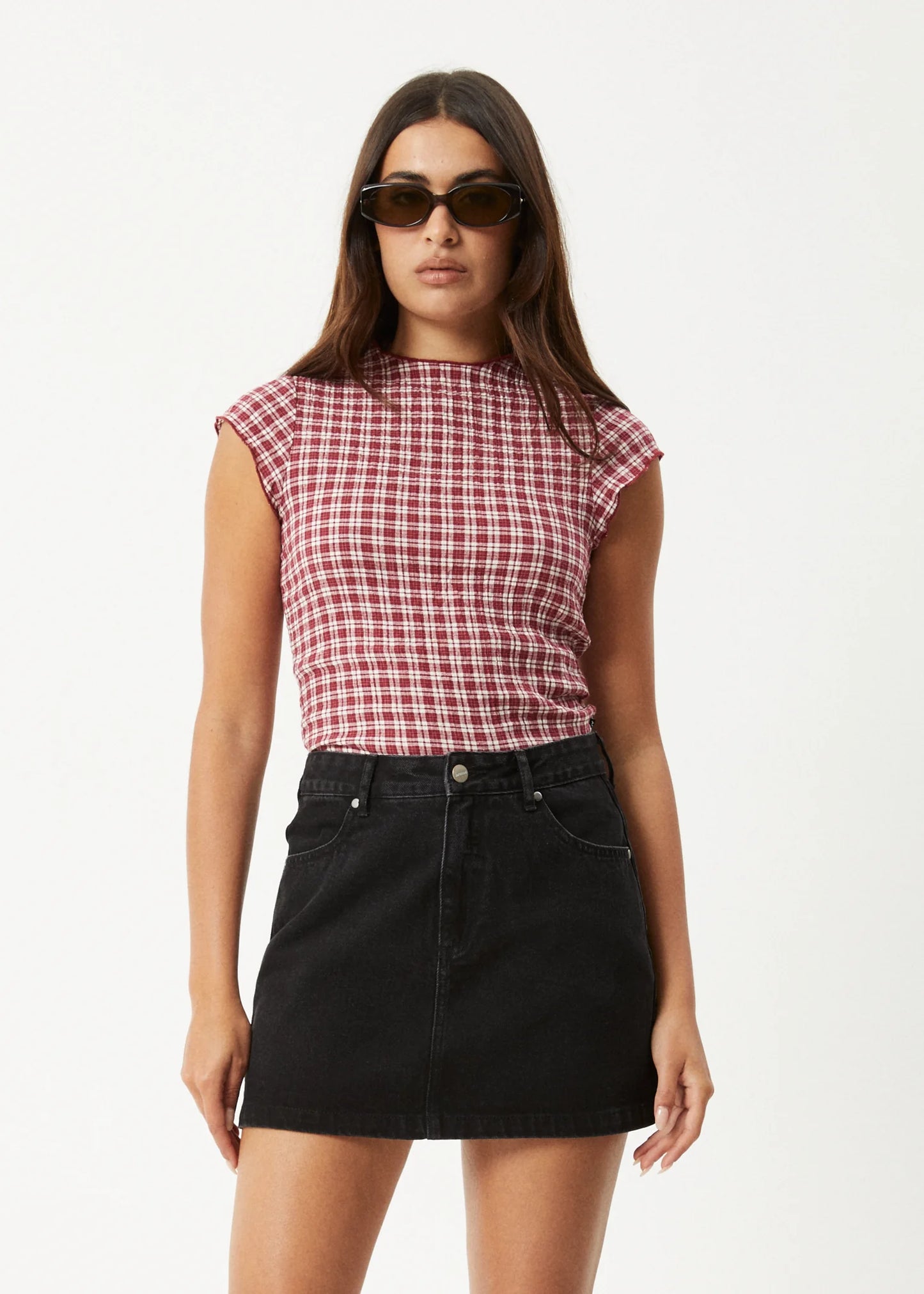 Base Seersucker Top - Burgundy Check