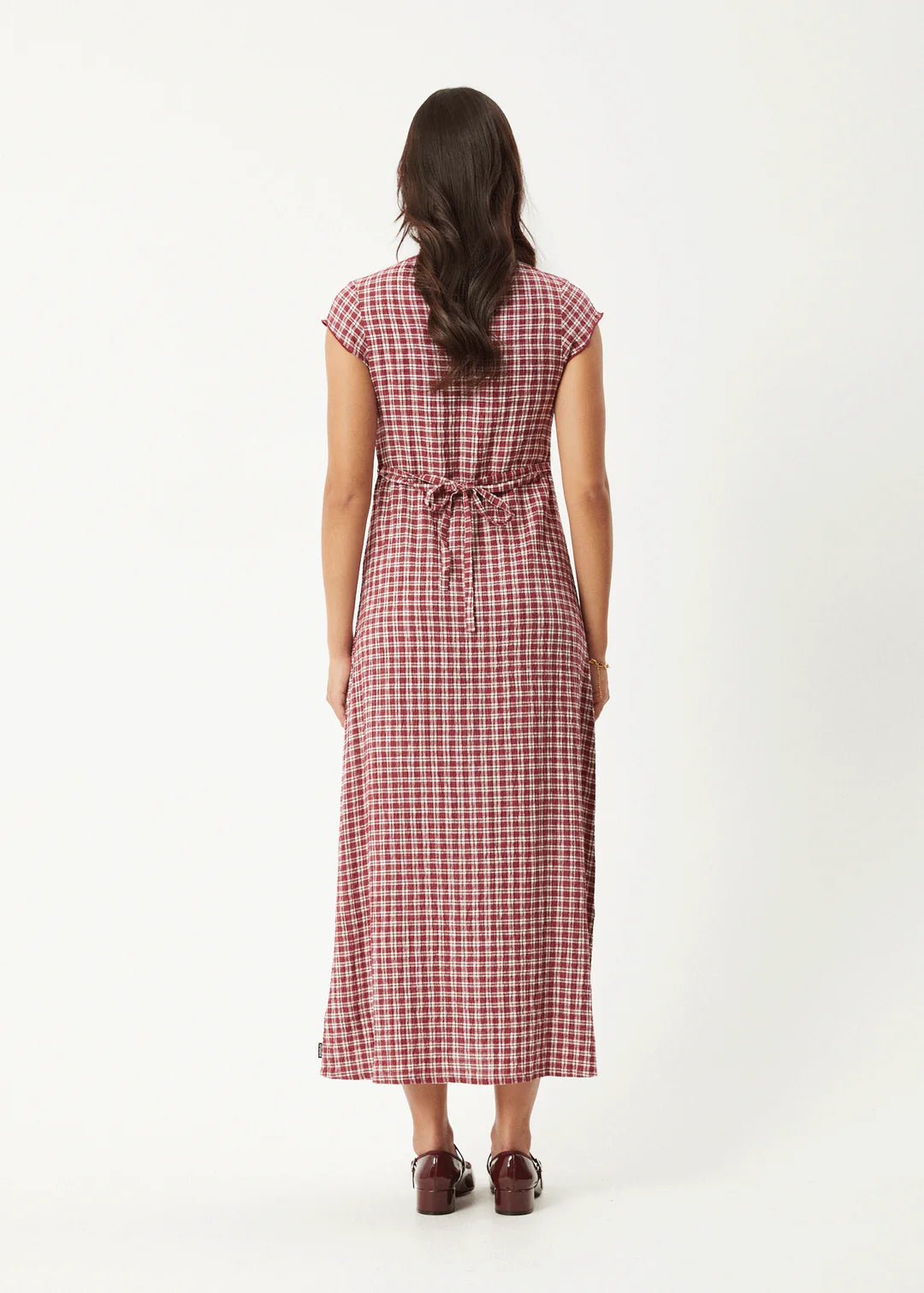 Base - Seersucker Midi Dress - Burgundy Check