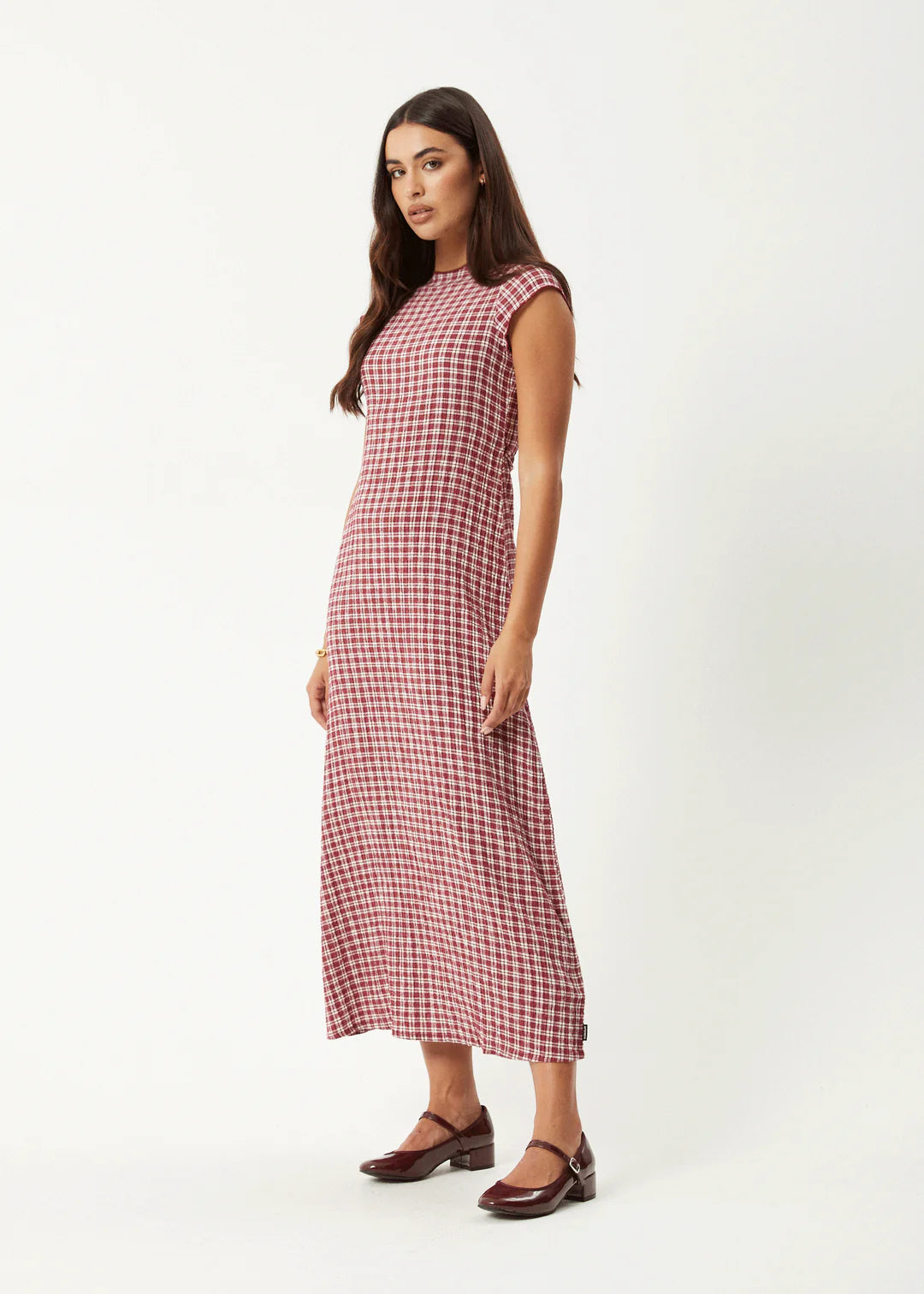 Base - Seersucker Midi Dress - Burgundy Check