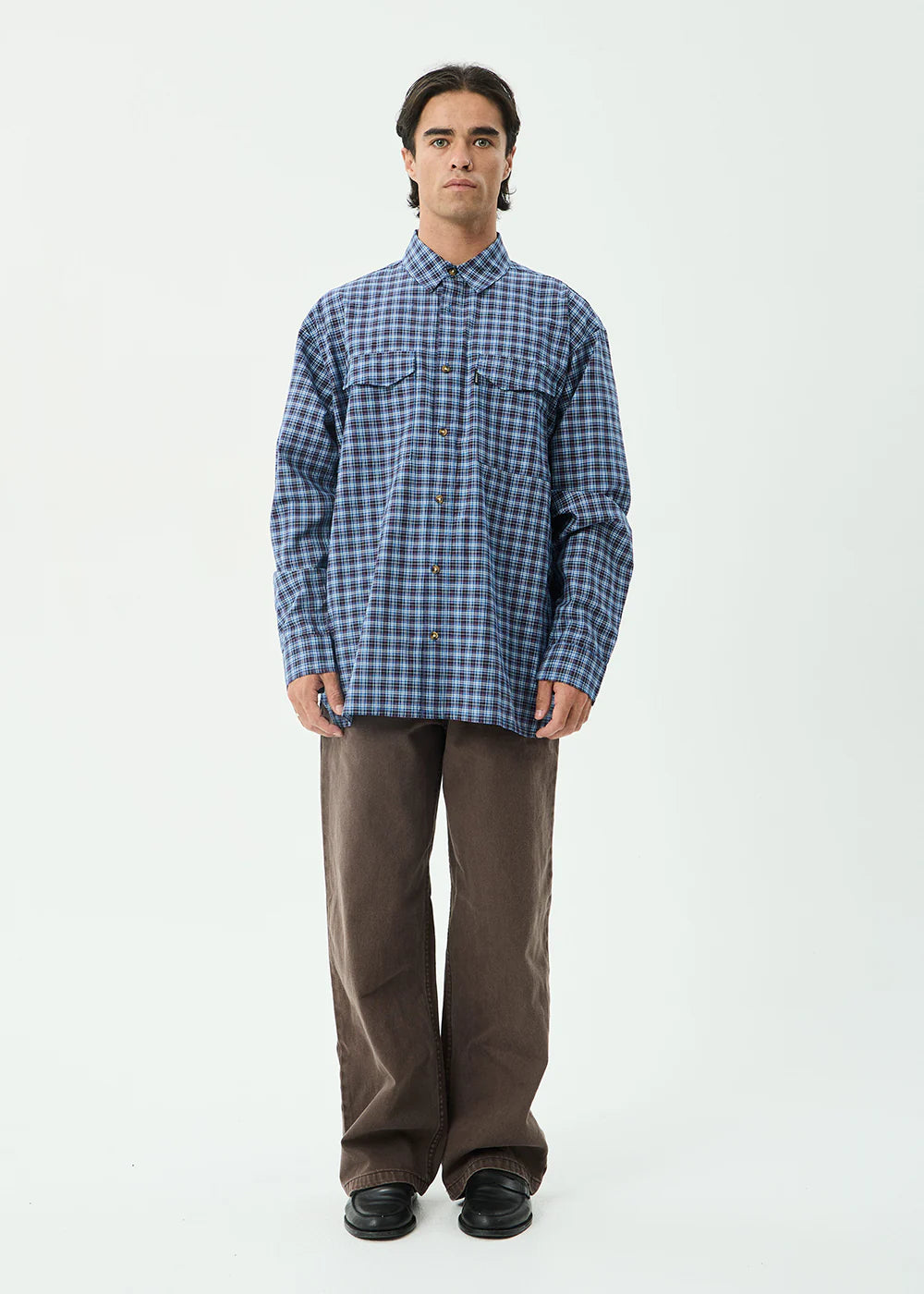 Mountains - Oversized Long Sleeve Shirt - Navy Check
