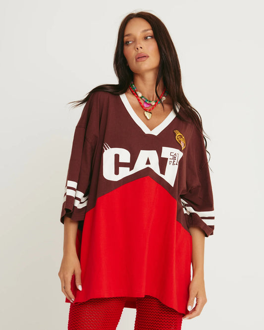 The Very Oversized Cat V Neck Tee - Red & Chocolate