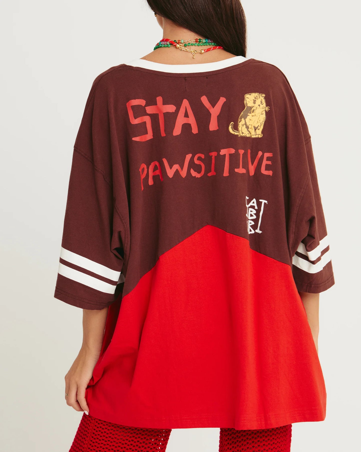 The Very Oversized Cat V Neck Tee - Red & Chocolate