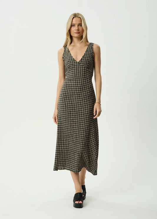 Tully - Seersucker Maxi Dress - Tan / Olive Check