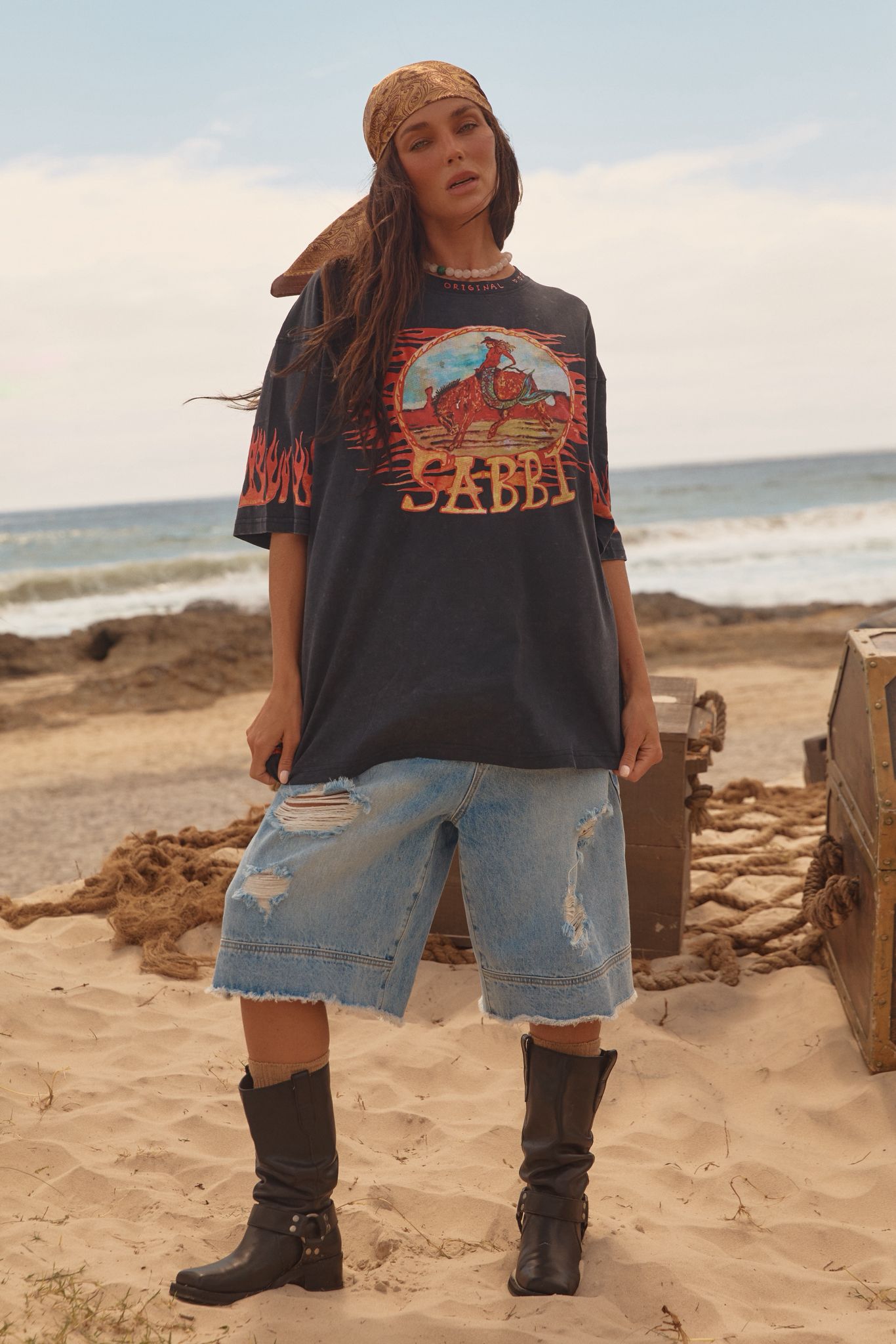 The Very Oversized Flaming Cowboy Tee - Black