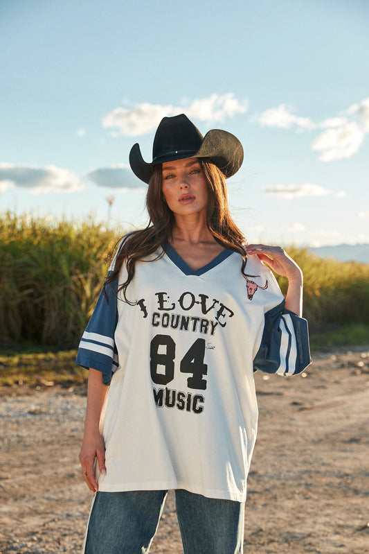 The Very Oversized I Love Country Music V Neck Tee - Marshmallow / Blue