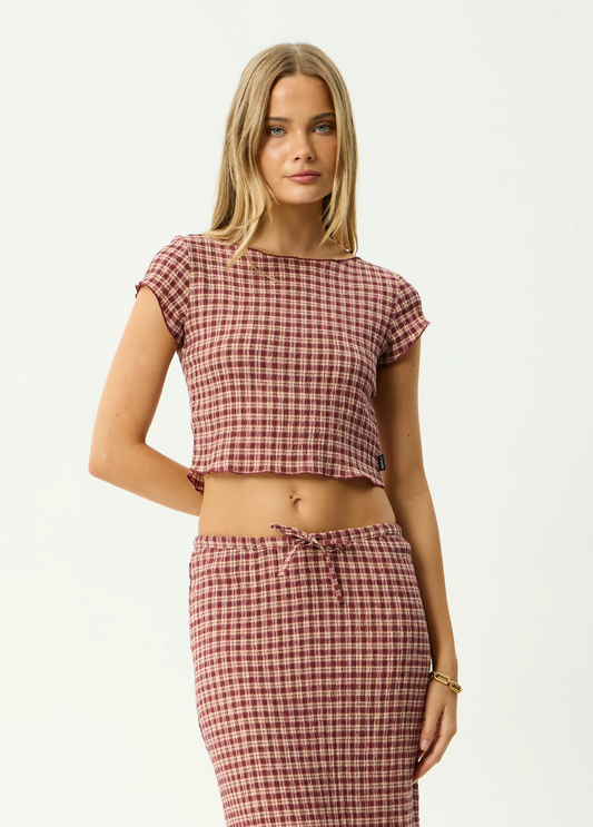 Capricorn Tully - Seersucker Top - Burgundy/Beige Check
