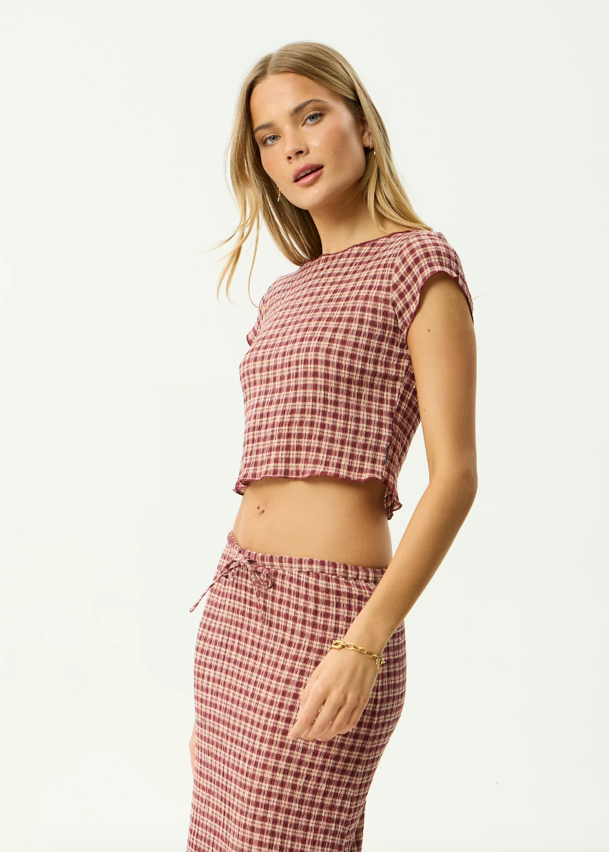 Capricorn Tully - Seersucker Top - Burgundy/Beige Check