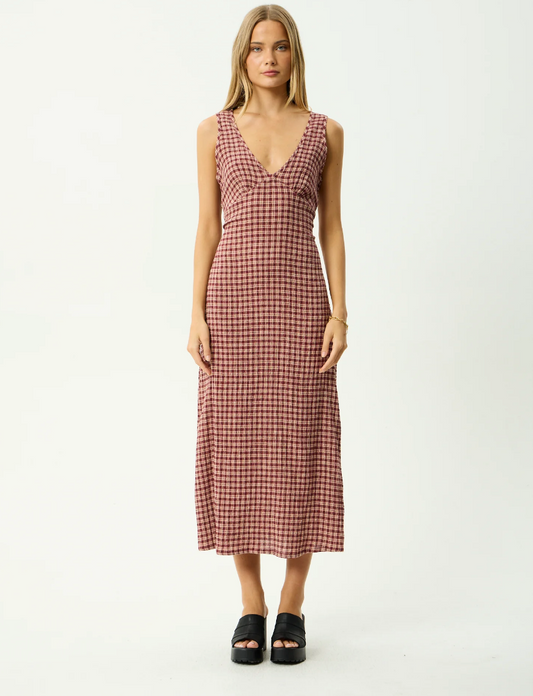 Capricorn Tully - Seersucker Maxi Dress - Burgundy/Beige Check