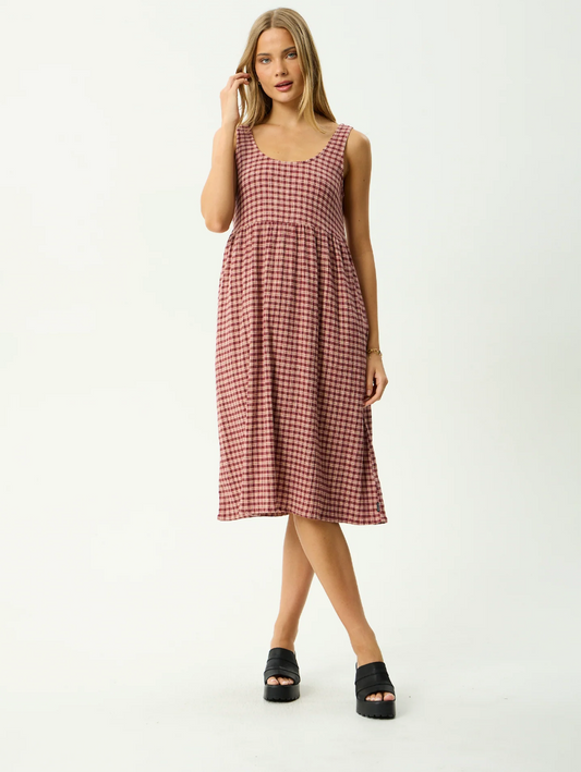 Capricorn Tully - Seersucker Midi Dress - Burgundy/Beige Check