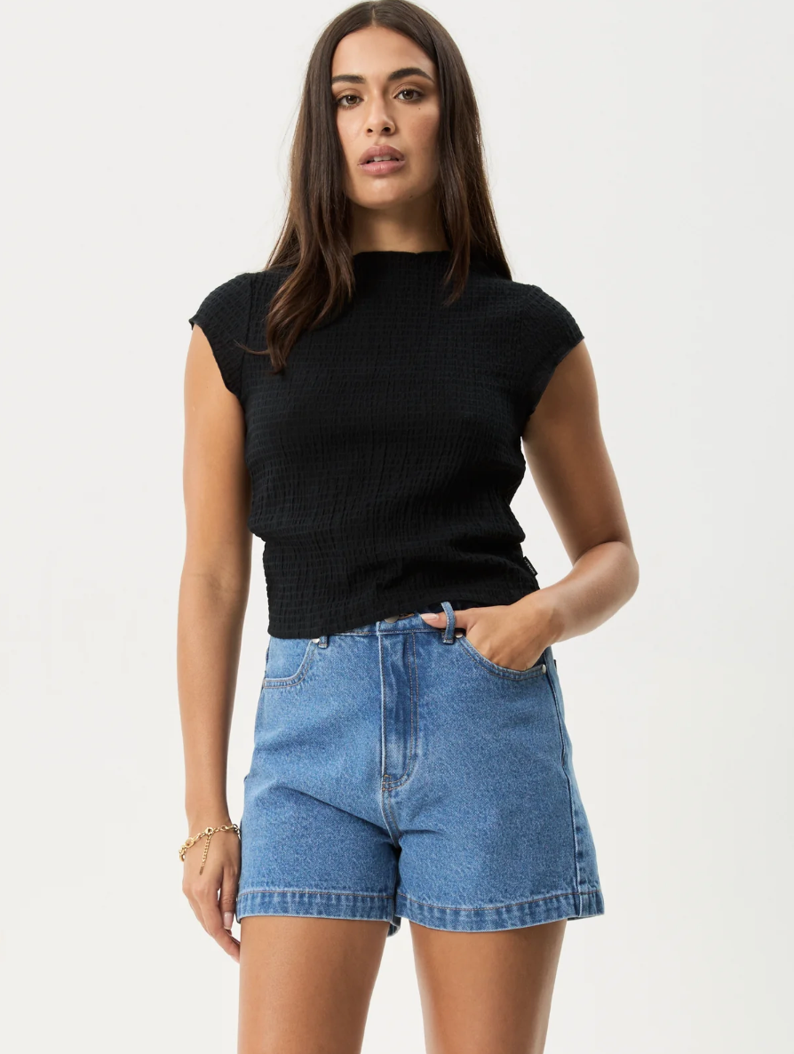 Focus - Seersucker Mock Neck Top - Black