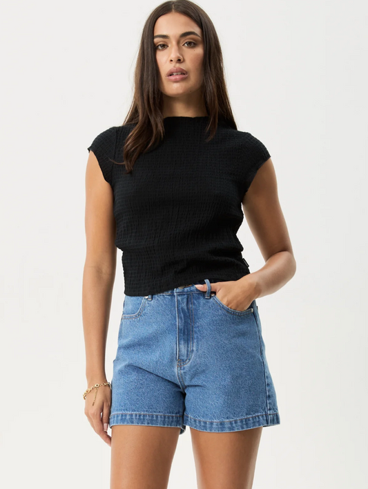 Focus - Seersucker Mock Neck Top - Black
