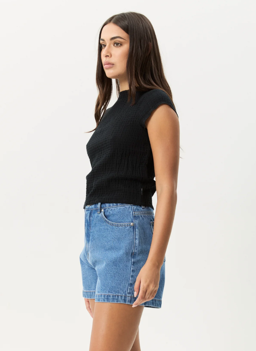 Focus - Seersucker Mock Neck Top - Black