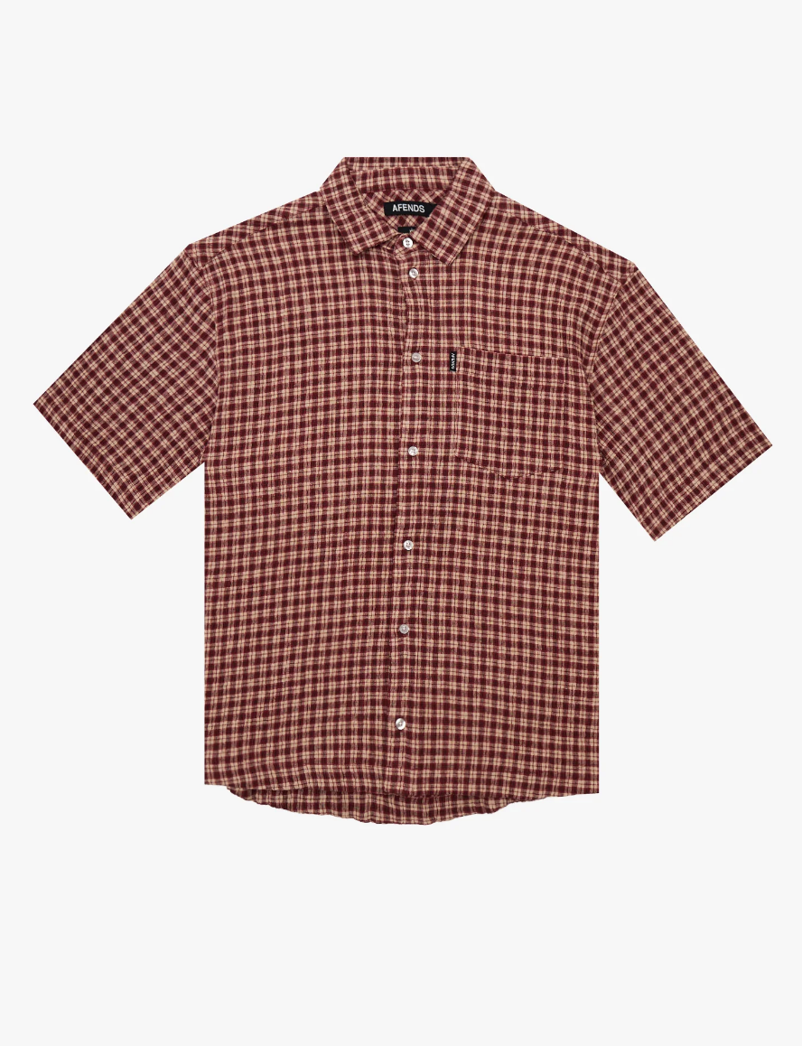 Capricorn - Seersucker Short Sleeve Shirt - Burgundy / Beige Check