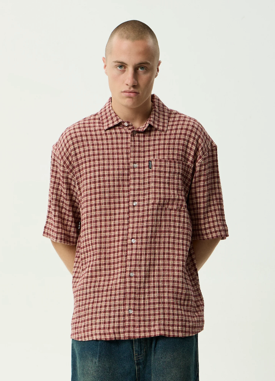 Capricorn - Seersucker Short Sleeve Shirt - Burgundy / Beige Check