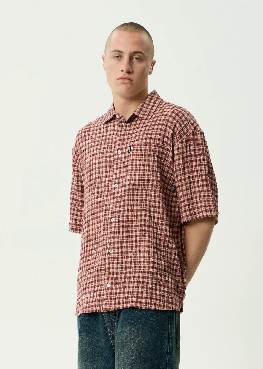 Capricorn - Seersucker Short Sleeve Shirt - Burgundy / Beige Check