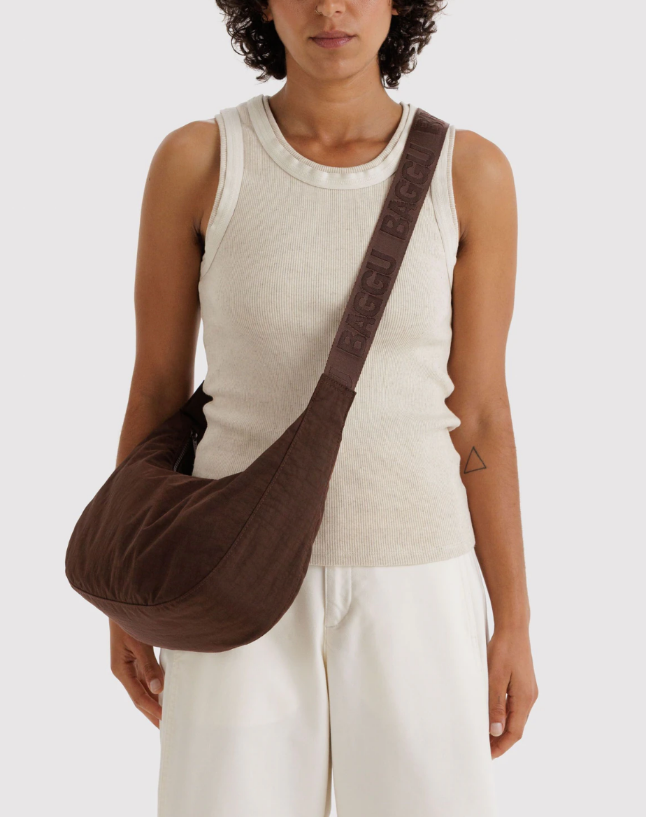 Medium Nylon Crescent Bag - Coffee