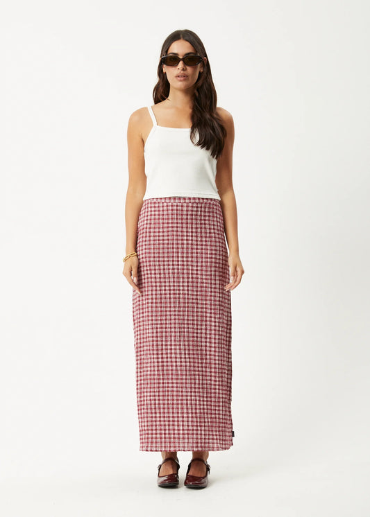 Base Seersucker Maxi Skirt - Burgundy Check
