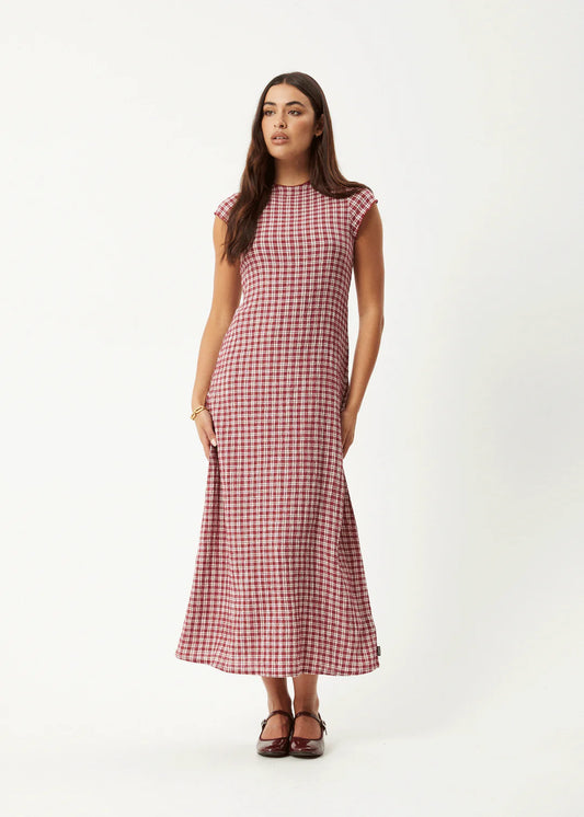 Base - Seersucker Midi Dress - Burgundy Check