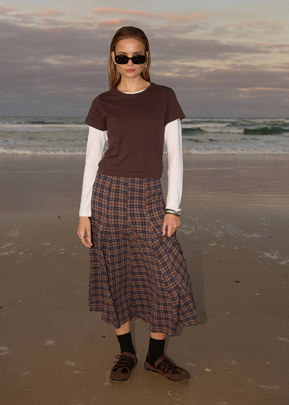 Lana - Seersucker Midi Skirt - Shev Indigo Check