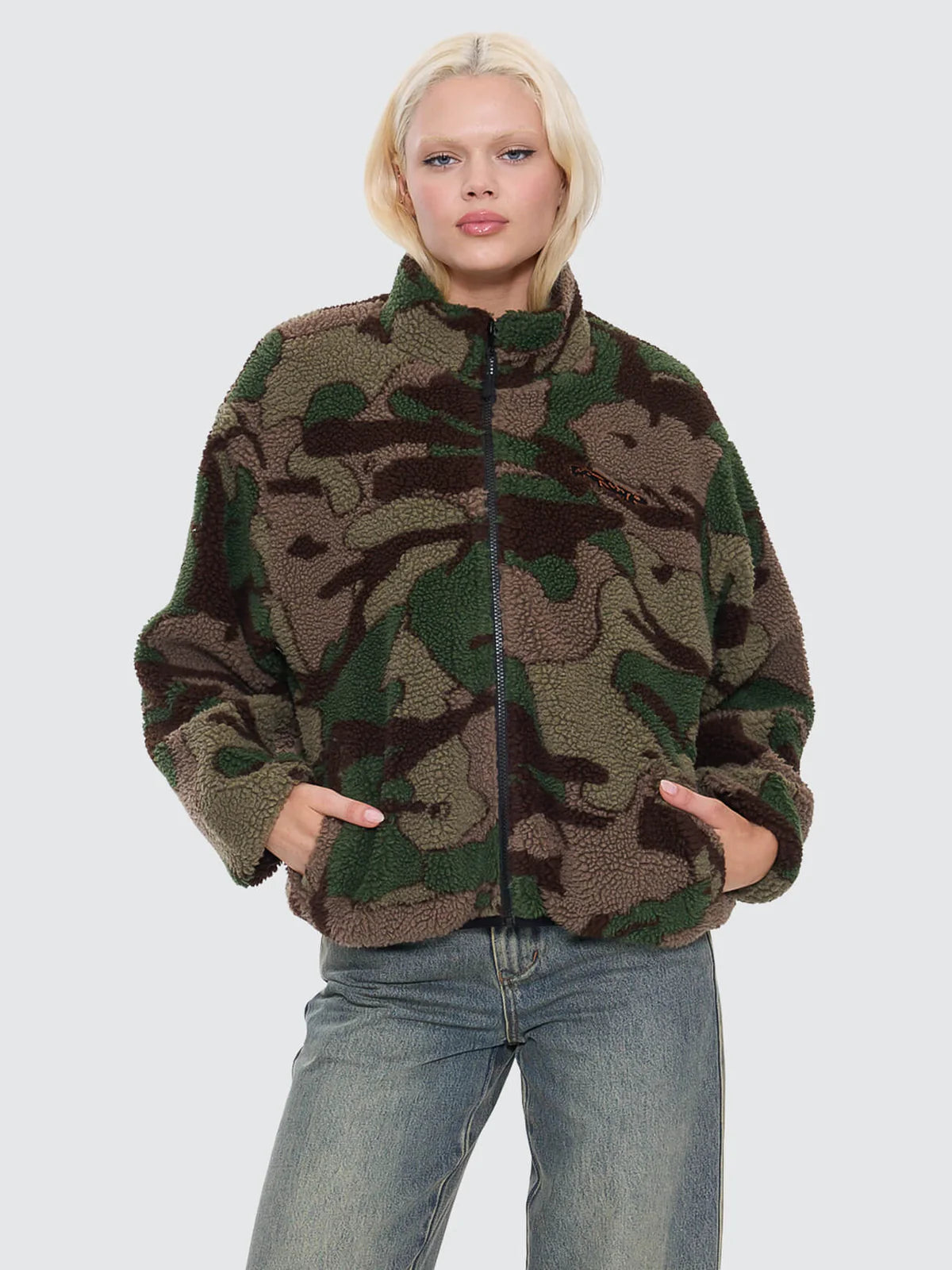 Plain Sight Zip Through Sherpa Fleece - Camo Green