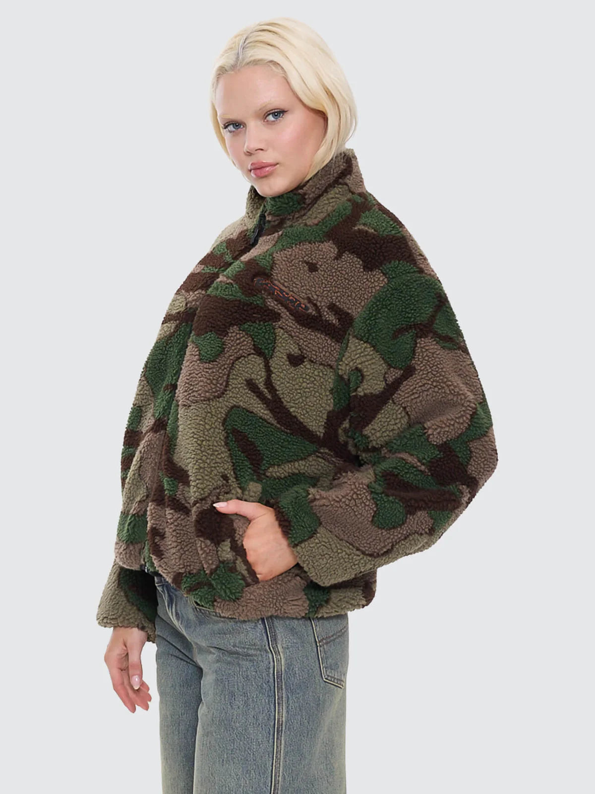 Plain Sight Zip Through Sherpa Fleece - Camo Green