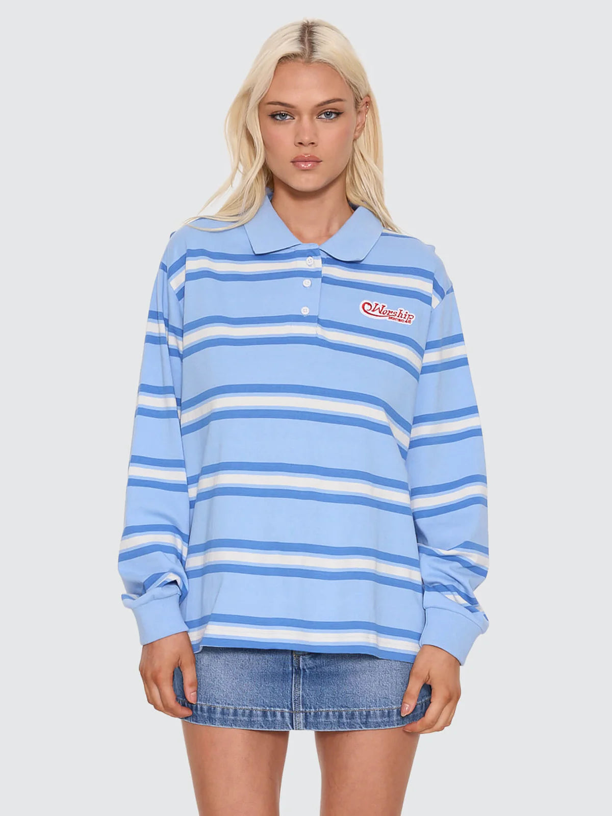 Yours Truly Striped Long Sleeve Polo - Dream Blue