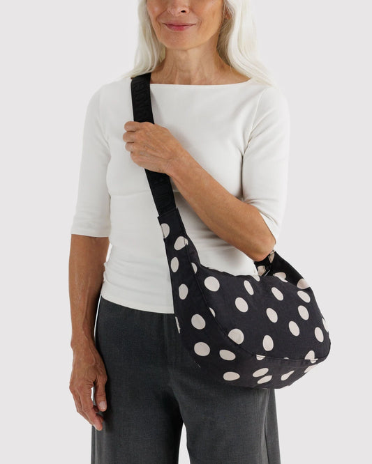 Medium Nylon Crescent Bag - Black and Cream Polka Dot