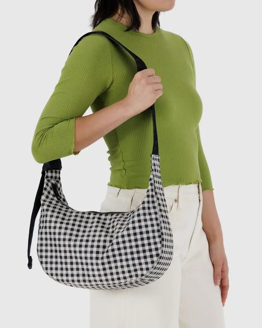 Medium Nylon Crescent Bag - Black & White Gingham